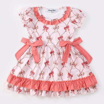 Pink Bow Print Ruffle Dress