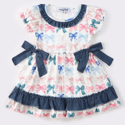 Colorful Bow Print Navy Ruffle Dress