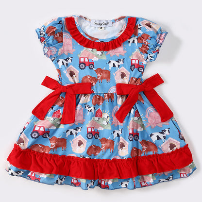 Farm Life Print Red Ruffle Dress