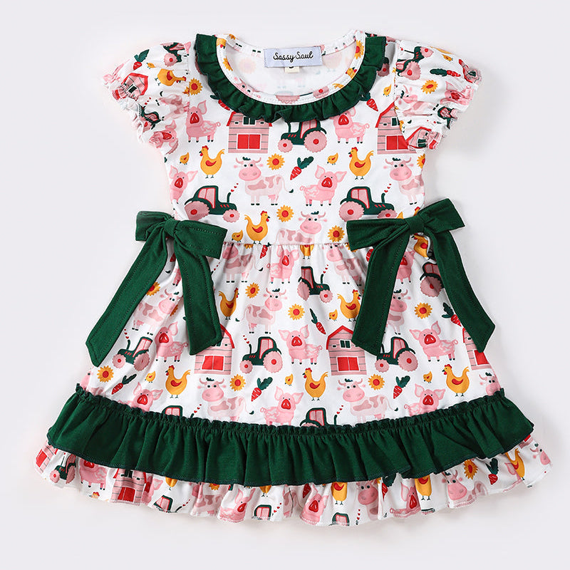 Farm Life Print Green Ruffle Dress