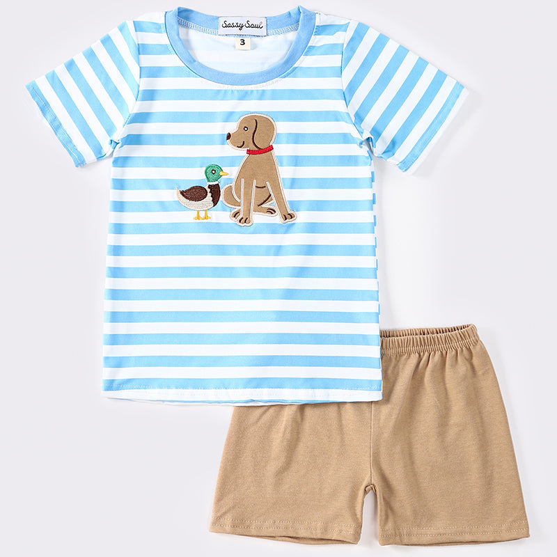 Dog + Duck Applique Blue Stripe Boy Shorts Set