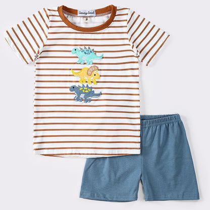 Dinosaur Applique Brown Stripe Boy Shorts Set