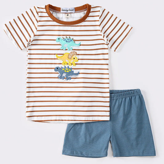 Dinosaur Applique Brown Stripe Boy Shorts Set