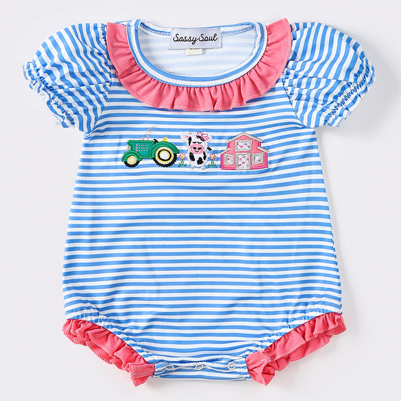 Farm Embroidered Blue Stripe Girl Bubble