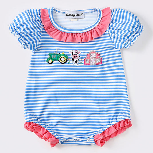 Farm Embroidered Blue Stripe Girl Bubble