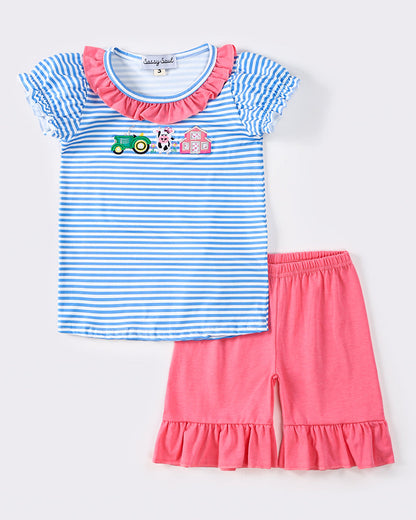 Farm Embroidered Blue Stripe Girl Shorts Set