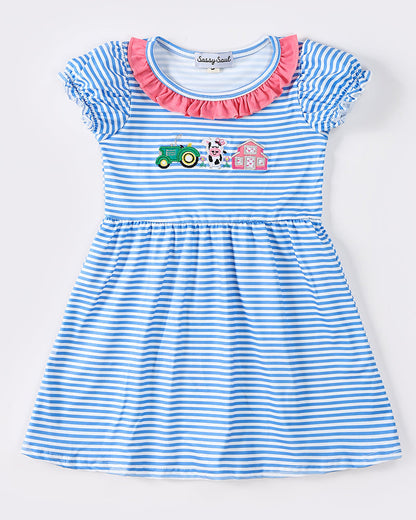 Farm Embroidered Blue Stripe Dress