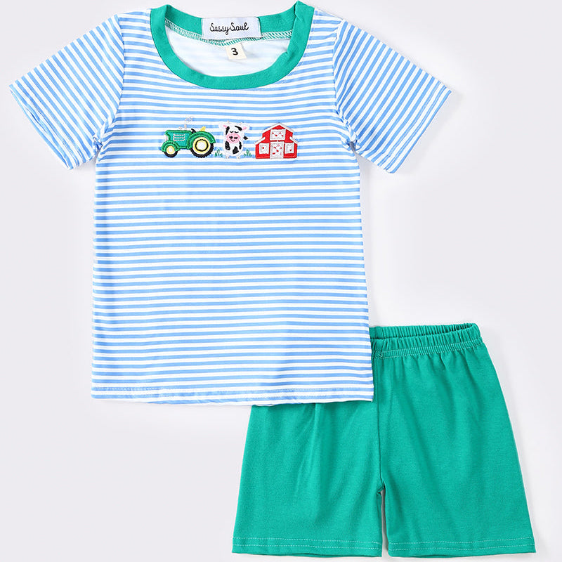 Farm Embroidered Blue Stripe Boy Shorts Set