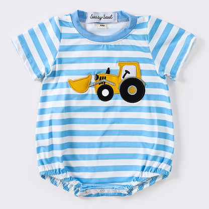 Blue Stripe Digger Applique Boy Bubble