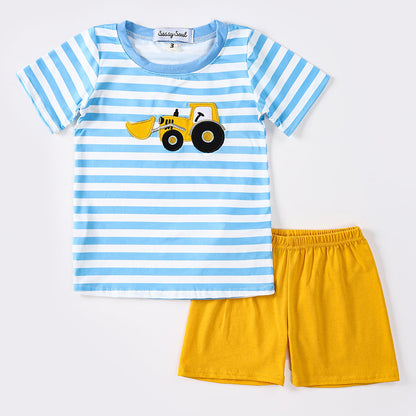 Blue Stripe Digger Applique Boy Shorts Set