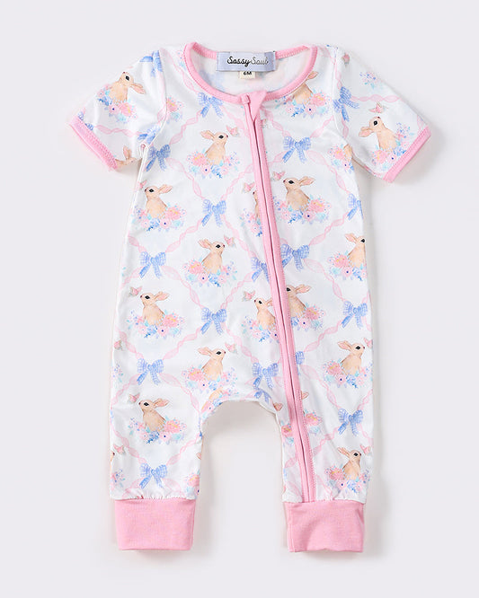 Bunny Blossom Pink Zipper Baby Girl Romper