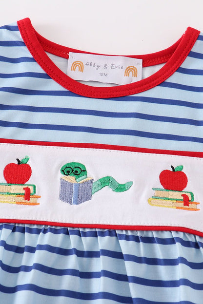 Back to School Embroidered Blue Stripe Girl Bubble - Gibs+Grady