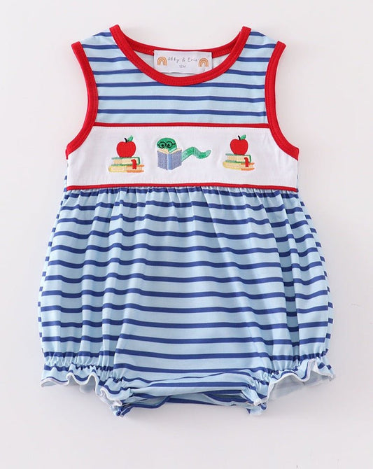 Back to School Embroidered Blue Stripe Girl Bubble - Gibs+Grady