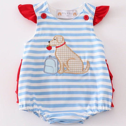 Back to School Pup Applique Blue Stripe Bubble - Gibs+Grady