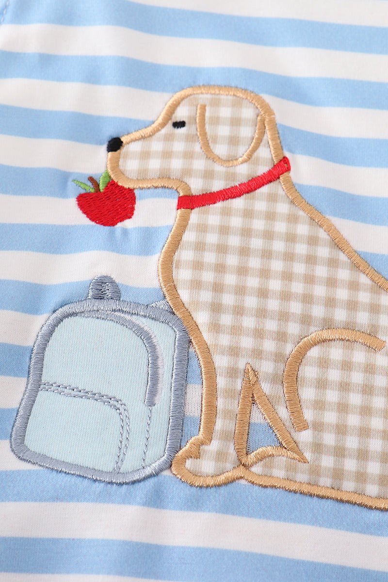 Back to School Pup Applique Blue Stripe Bubble - Gibs+Grady