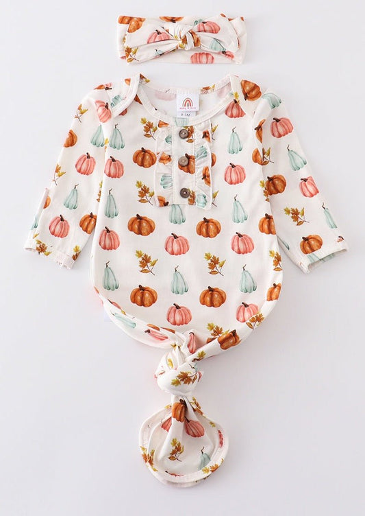 Bamboo Pumpkin Print Baby Gown + Headbow - Gibs+Grady