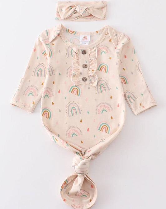 Bamboo Rainbow Print Baby Gown + Hairband - Gibs+Grady