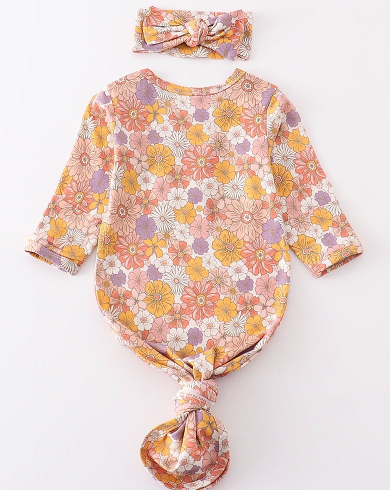 Bamboo Retro Pink Floral Baby Gown + Hairband - Gibs+Grady