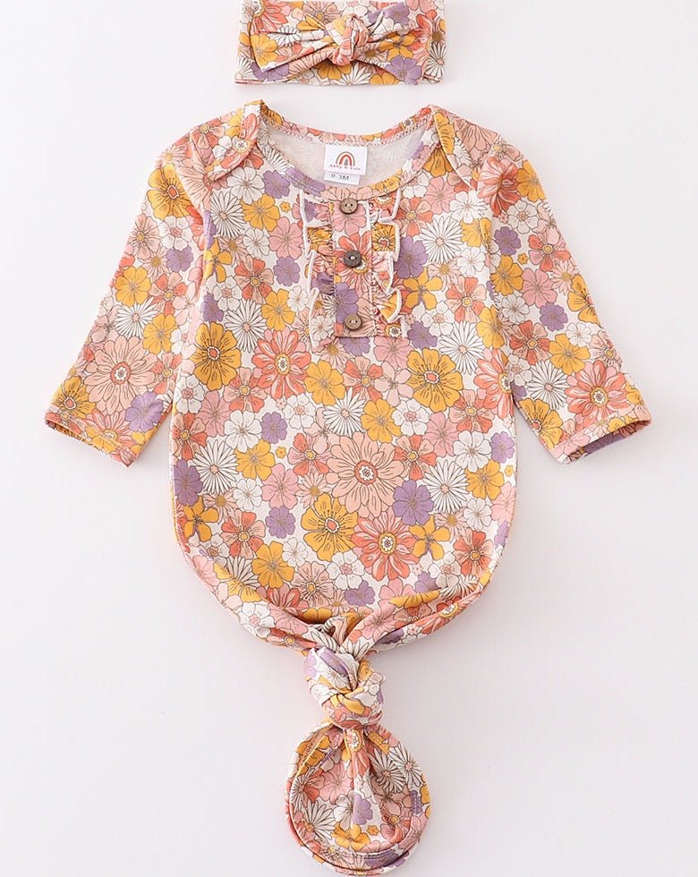 Bamboo Retro Pink Floral Baby Gown + Hairband - Gibs+Grady