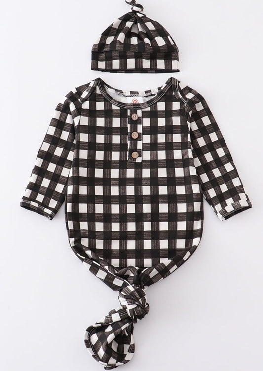 Black Plaid Bamboo Baby Gown + Hat - Gibs+Grady