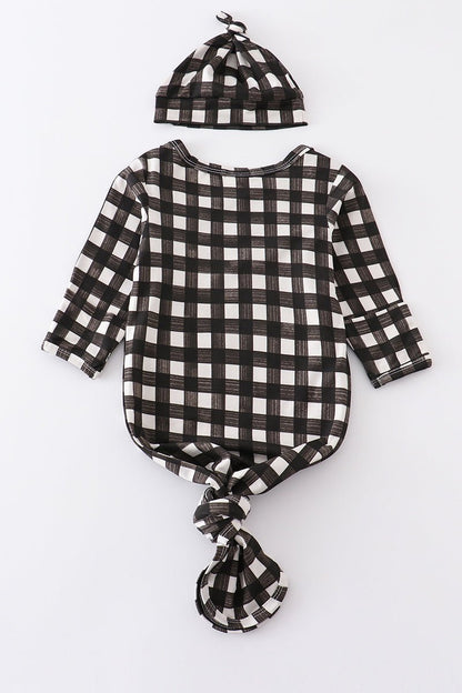 Black Plaid Bamboo Baby Gown + Hat - Gibs+Grady