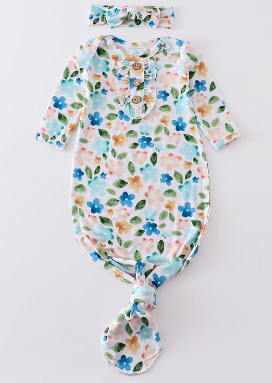 Blue Floral Print Bamboo Baby Gown - Gibs+Grady