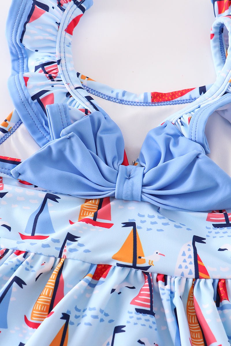 Blue Sailboat Print Girl Swimsuit - Gibs+Grady