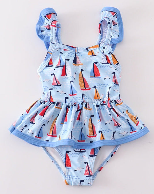 Blue Sailboat Print Girl Swimsuit - Gibs+Grady