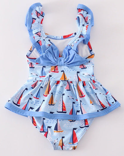 Blue Sailboat Print Girl Swimsuit - Gibs+Grady