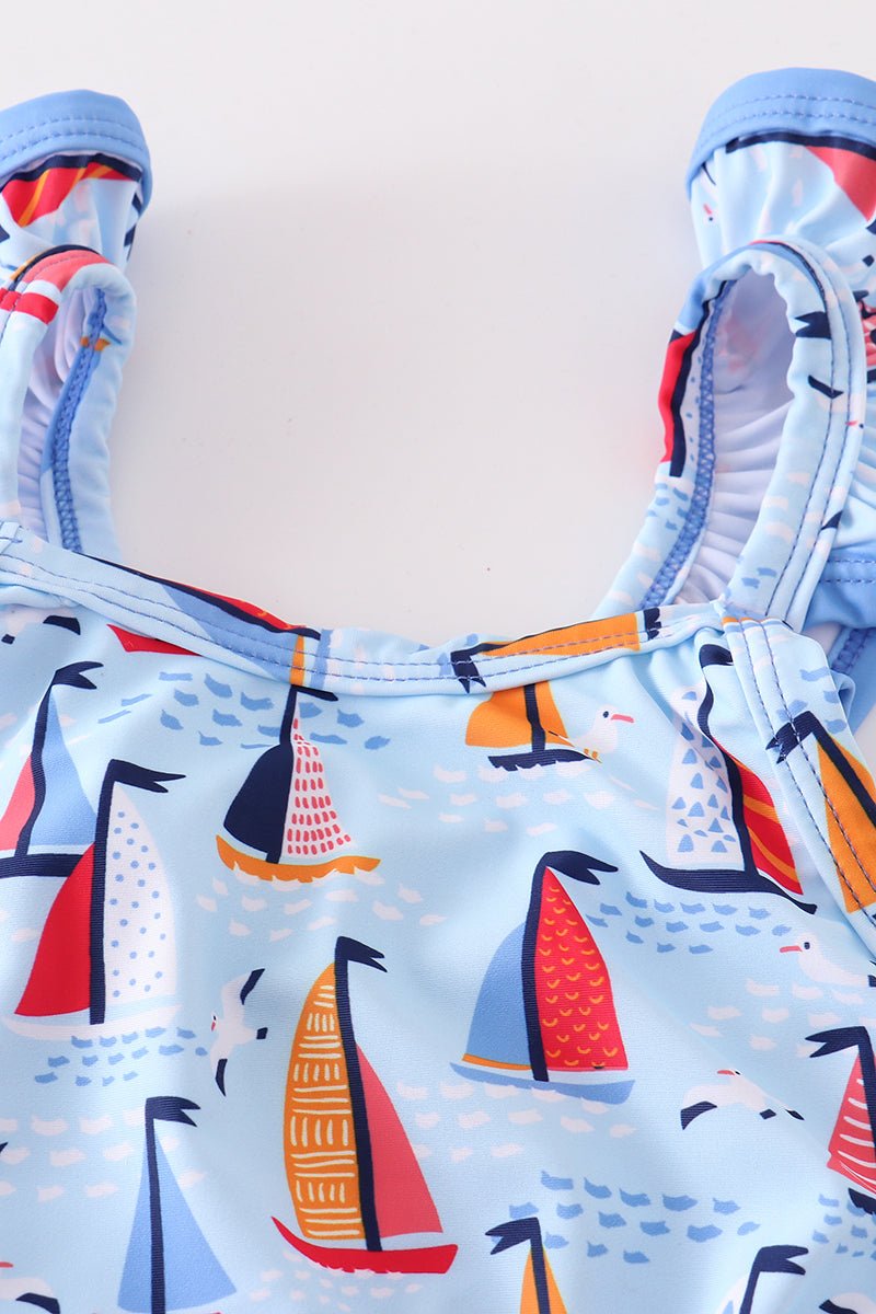 Blue Sailboat Print Girl Swimsuit - Gibs+Grady