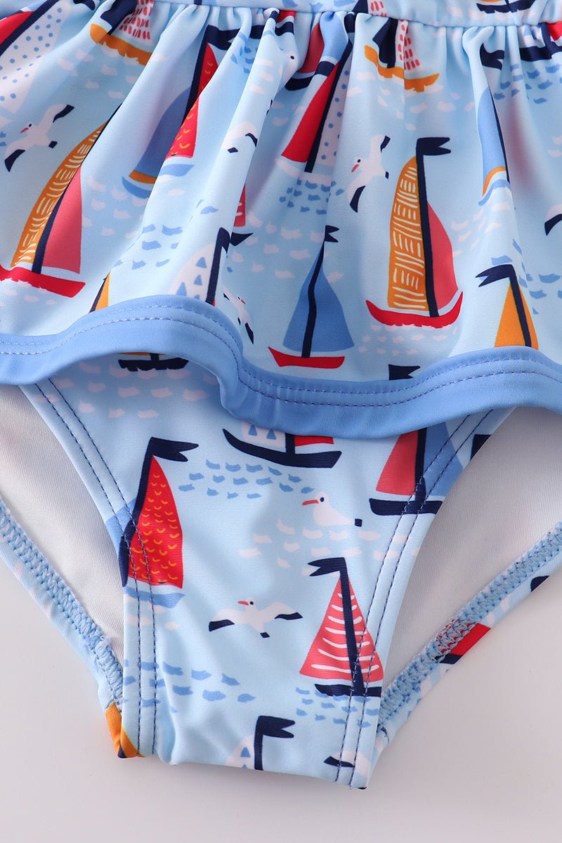 Blue Sailboat Print Girl Swimsuit - Gibs+Grady