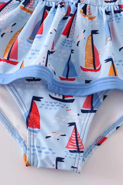 Blue Sailboat Print Girl Swimsuit - Gibs+Grady