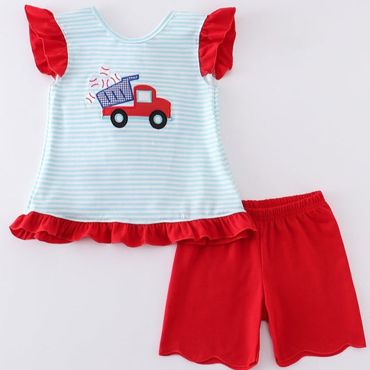 Blue Stripe Baseball Dump Truck Applique Girl Shorts Set - Gibs+Grady