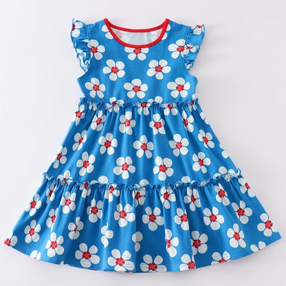 Blue & White Floral Print Ruffle Dress - Gibs+Grady