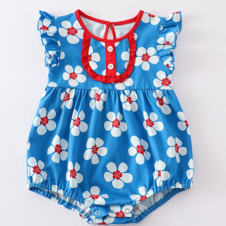 Blue & White Floral Print Ruffle Girl Bubble - Gibs+Grady