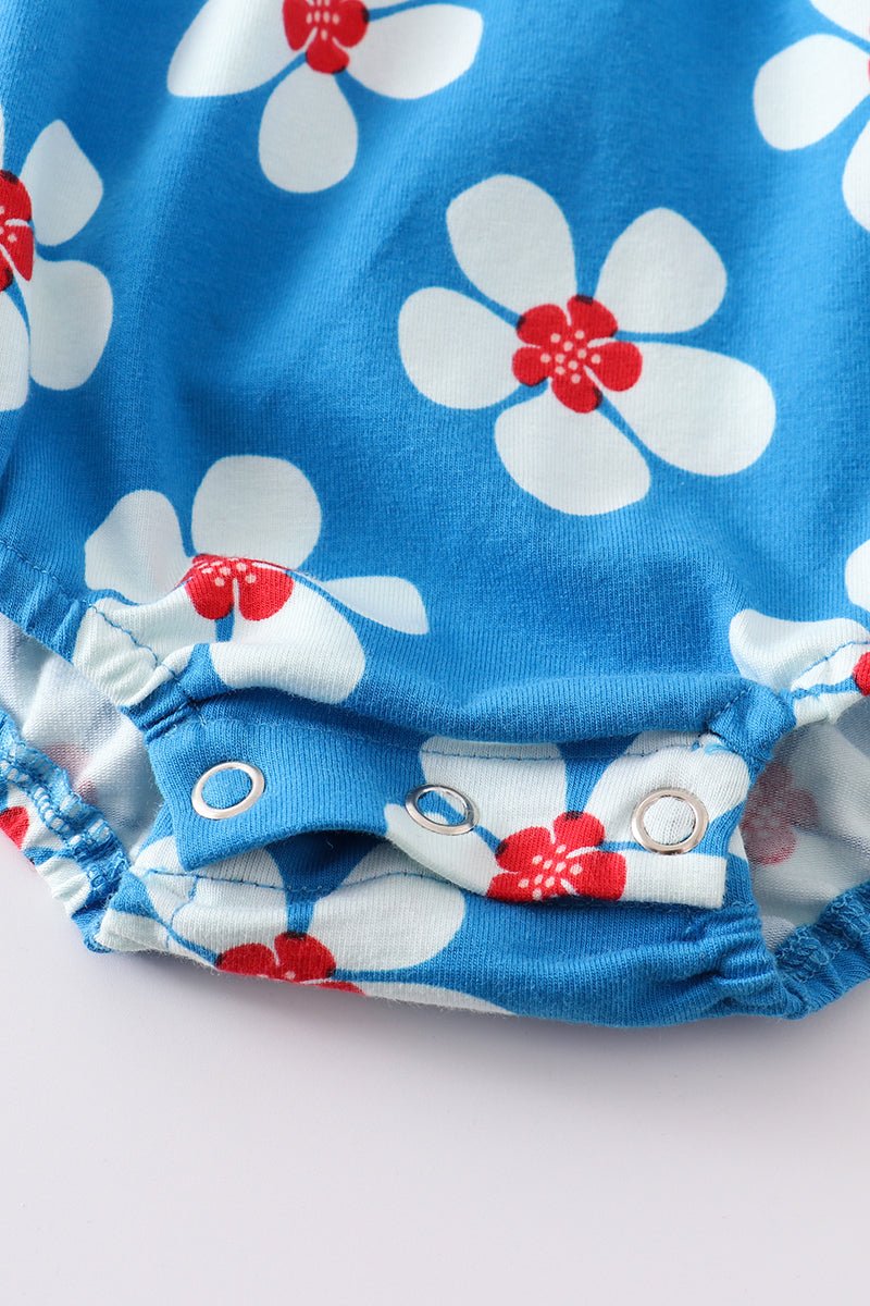 Blue & White Floral Print Ruffle Girl Bubble - Gibs+Grady