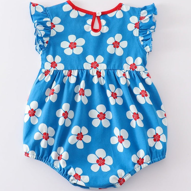 Blue & White Floral Print Ruffle Girl Bubble - Gibs+Grady