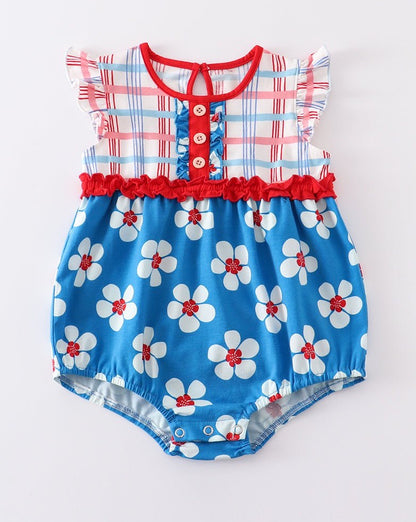 Blue & White Floral Print Ruffle Girl Romper - Gibs+Grady