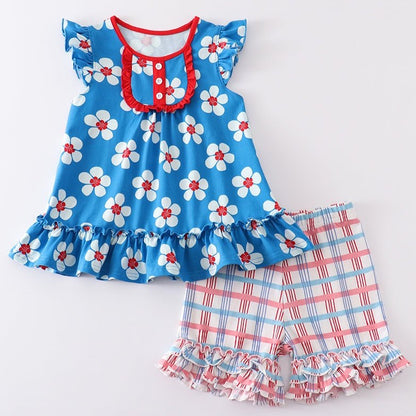 Blue & White Floral Print Ruffle Girl Set - Gibs+Grady