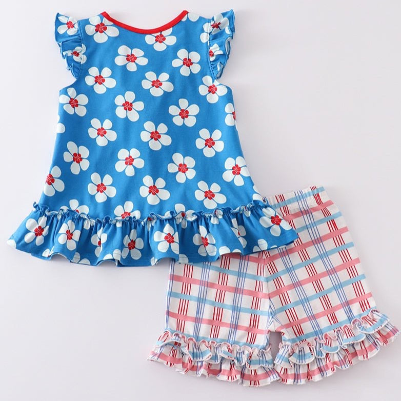 Blue & White Floral Print Ruffle Girl Set - Gibs+Grady