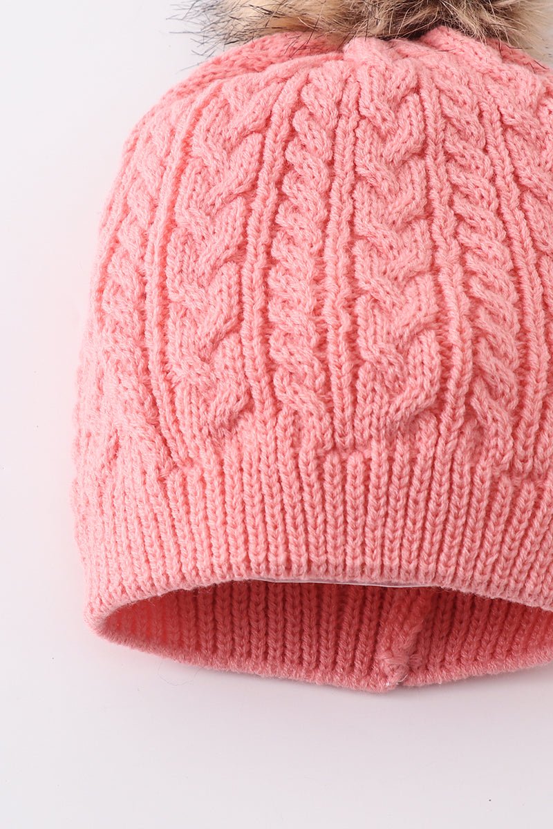 Cable Knit Pom Pom Beanie Hat - Bubblegum - Gibs+Grady