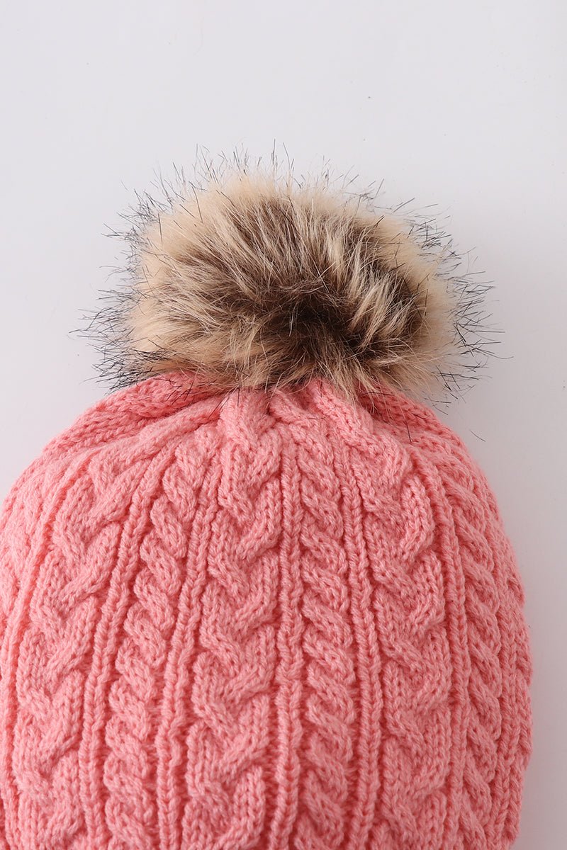 Cable Knit Pom Pom Beanie Hat - Bubblegum - Gibs+Grady