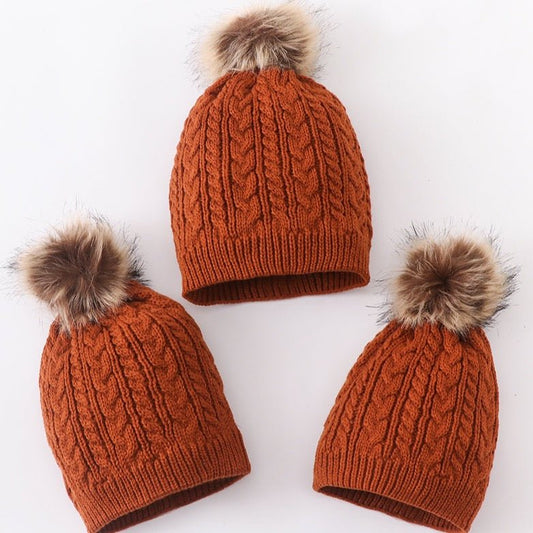 Cable Knit Pom Pom Beanie - Rust - Gibs+Grady