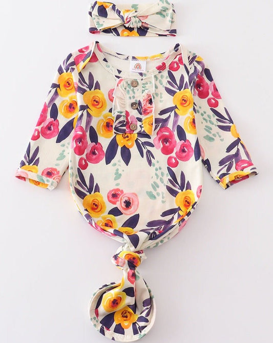 Catalina Floral Print Bamboo Baby Gown + Hairband - Gibs+Grady