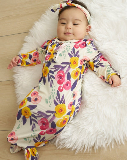 Catalina Floral Print Bamboo Baby Gown + Hairband - Gibs+Grady