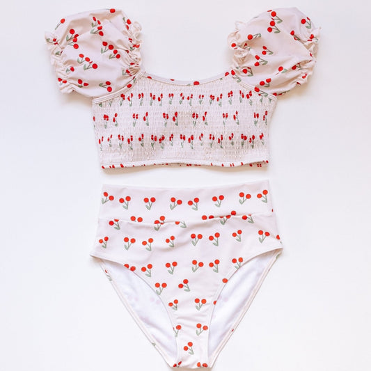 Cherry Print Smocked Bikini 2pc Women Swimsuit - Gibs+Grady