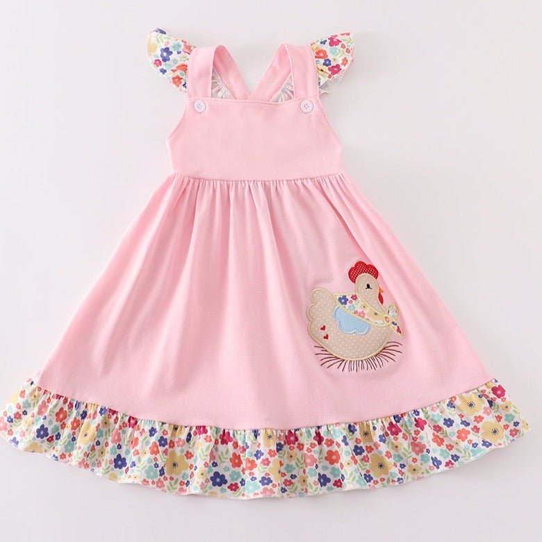 Chicken Applique Pink Floral Ruffle Dress - Gibs+Grady