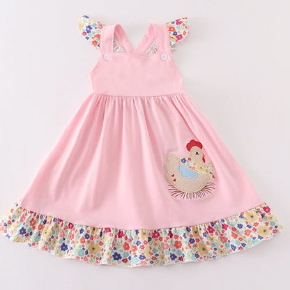 Chicken Applique Pink Floral Ruffle Dress - Gibs+Grady