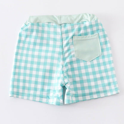 Crab Embroidered Green Plaid Boy Swim Trunks - Gibs+Grady