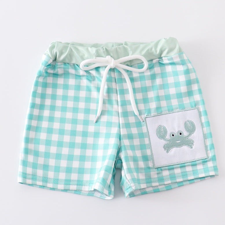 Crab Embroidered Green Plaid Boy Swim Trunks - Gibs+Grady